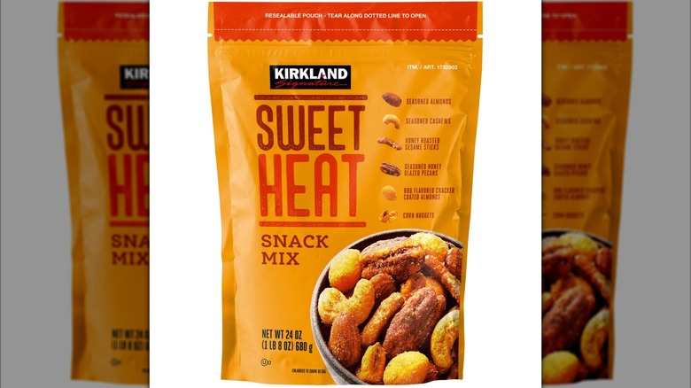 A beauty shot of a bag of Kirkland Signature Sweet Heat Snack Mix on a white background