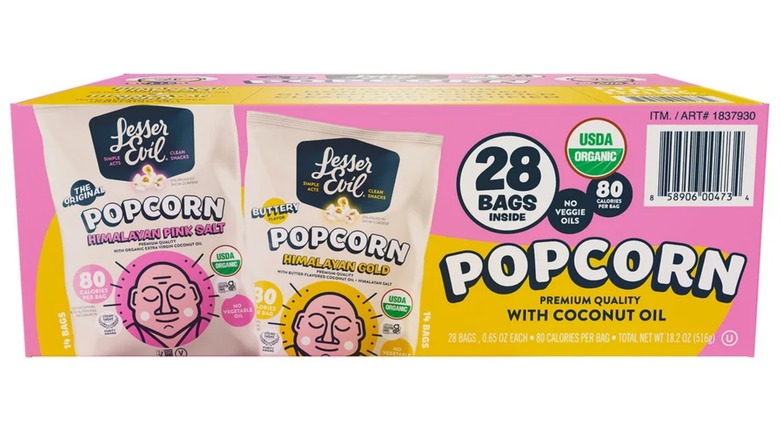 Large box of a 28-count of Lesser Evil Organic Popcorn Variety on white background