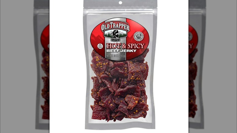 Bag of Old Trapper Hot & Spicy Beef Jerky on a white background
