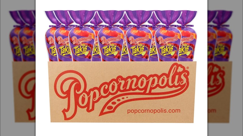 Box of 12 Popcornopolis Takis Popcorn Cones on a white background