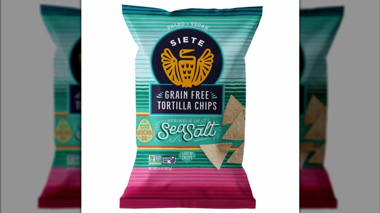 A beauty shot of a bag of Siete Grain Free Sea Salt Tortilla Chips on a white background