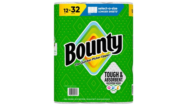 A package of 12 rolls of Bounty Paper Towels on a white background
