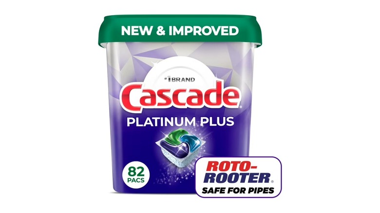 An 82-pack tub of Cascade Platinum Plus dishwashing pods on a white background