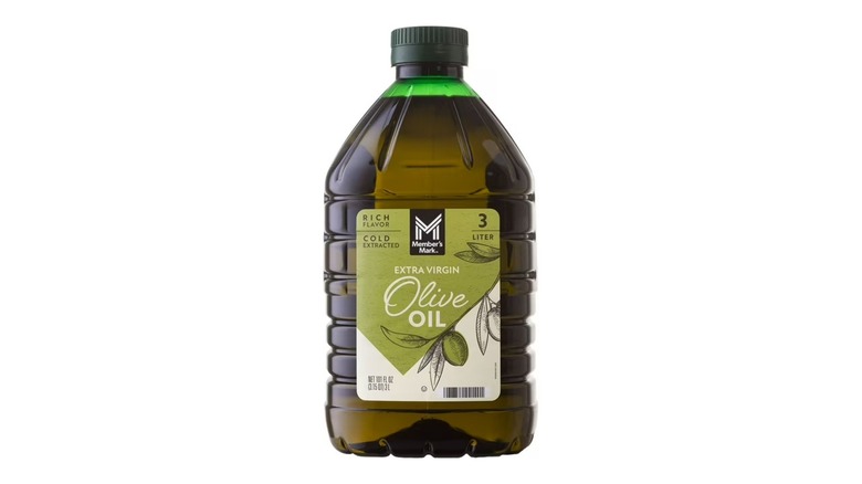 A bottle of Member's Mark Extra Virgin Olive Oil on a white background