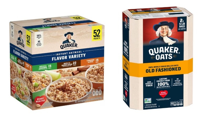 A box of 52 packets of Quakers instant oatmeal in a variety pack and a 10-pound box of old fashioned Quaker Oats next to each other on a white background