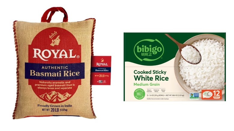A bag of Royal Basmati Rice and a box of Bibigo Cooked Sticky White Rice on a white background