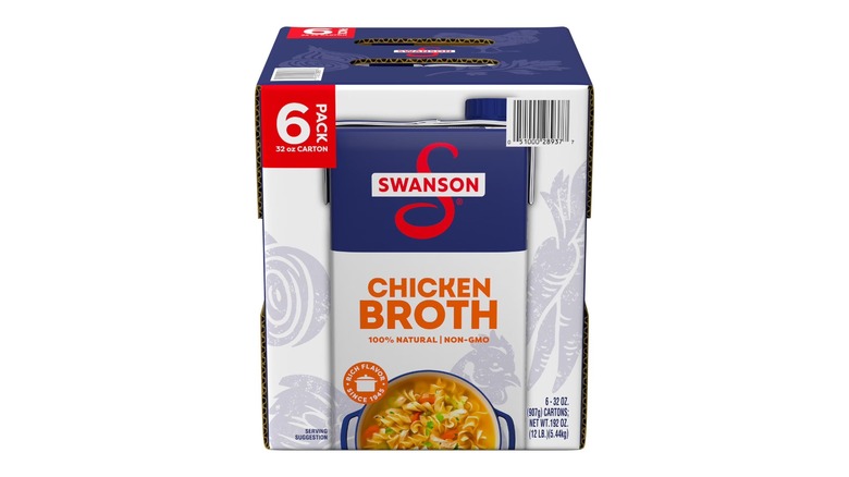 A 6-pack box of Swanson's Chicken Broth on a white background