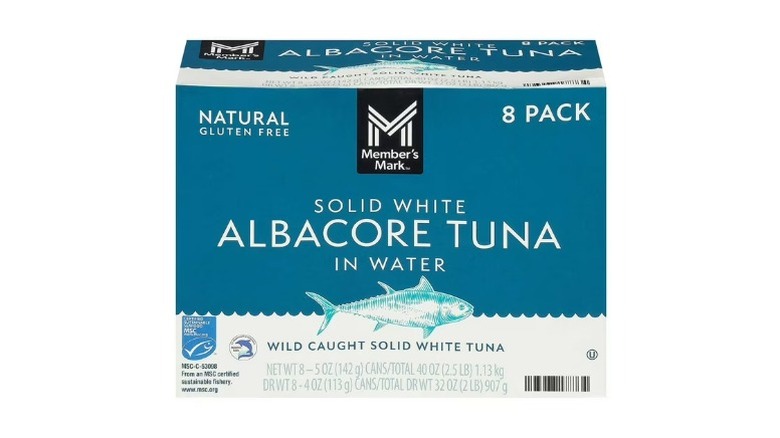 A branded box of Member's Mark White Albacore Tuna in Water on a white background