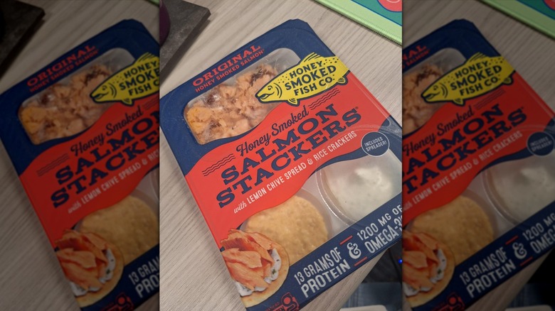 A package of Honey Smoked Fish Salmon Stackers from Costco