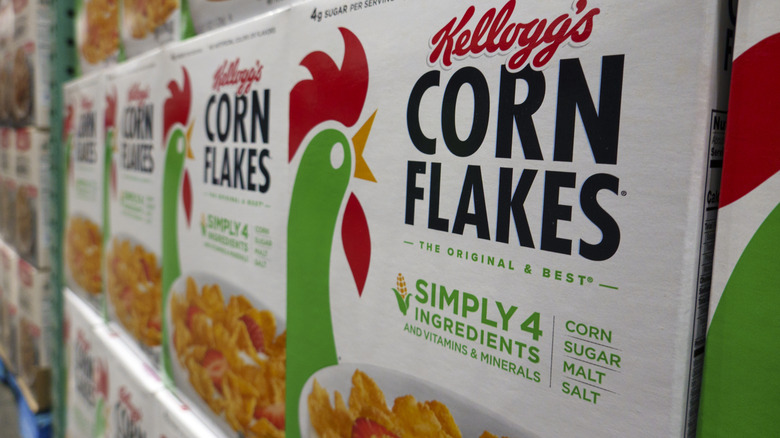 rows of kellogg corn flakes cereal boxes