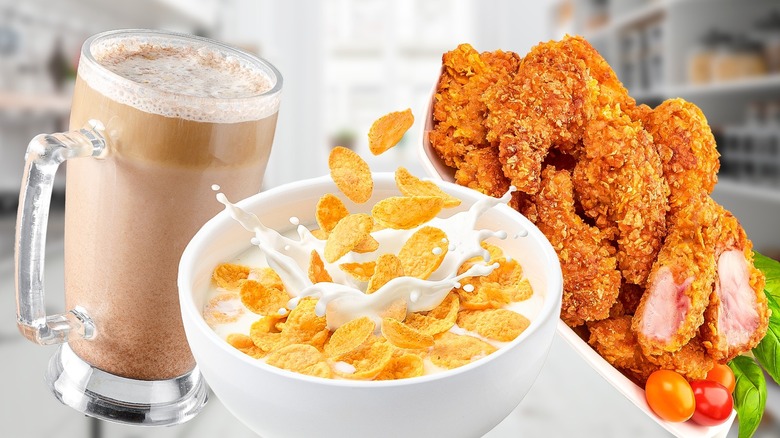 Cereal bowl, chicken, and coffee
