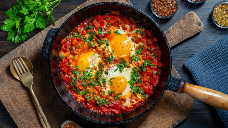 Shakshuka in frying pan next to fresh herbs and bowls of dried spices