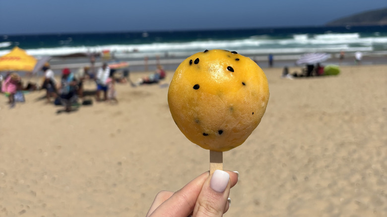 Passion fruit popsicle held against an ocean scape