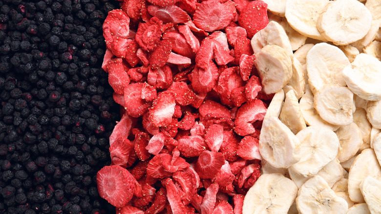 Dried blueberries, dried strawberries, and dried bananas