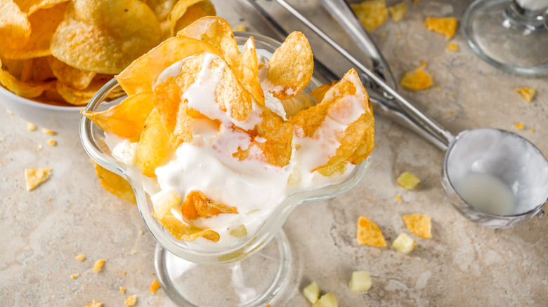 A potato chip sundae in a clear dish