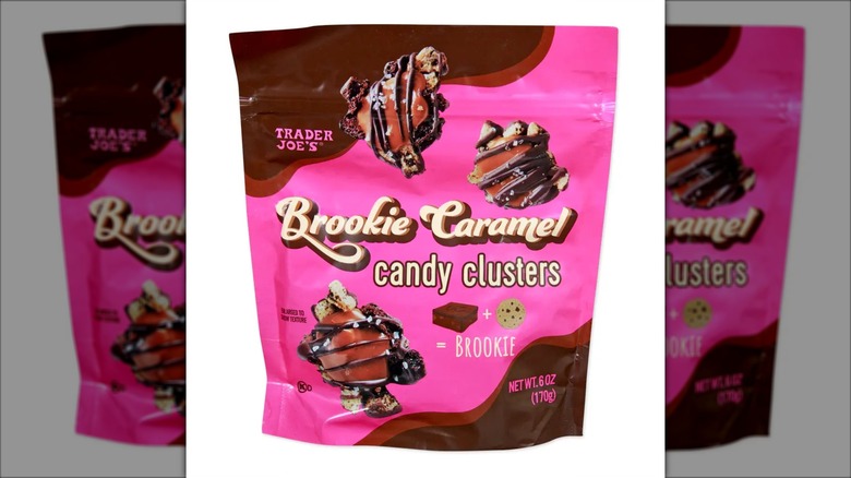 Pink and brown bag of Trader Joe's Brookie Caramel Candy Clusters