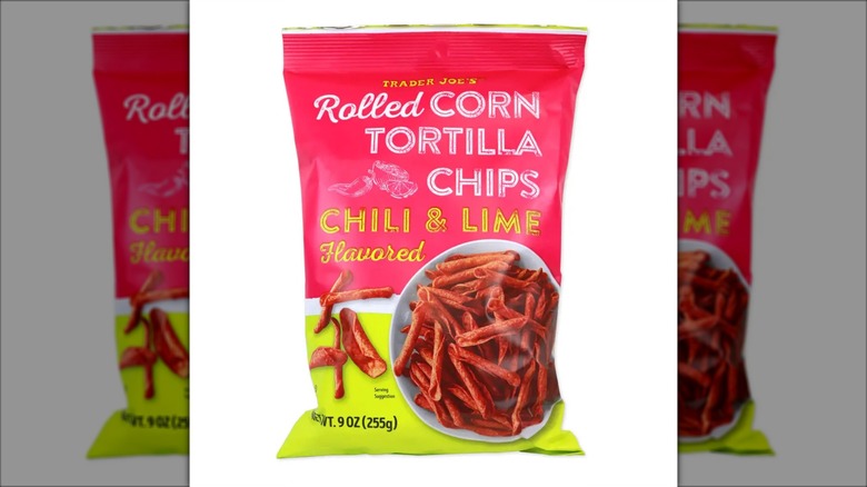 Red and green bag of Chili & Lime Flavored Rolled Corn Tortilla Chips from Trader Joe's