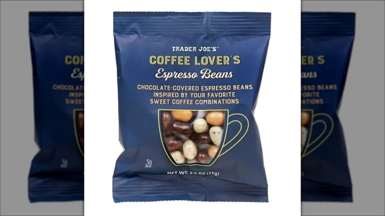 Small dark blue bag of Coffee Lover's Espresso Beans chocolate covered coffee beans from Trader Joe's