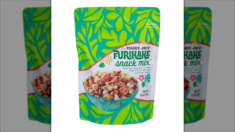 Green and blue bag of Trader Joe's Furikake Snack Mix