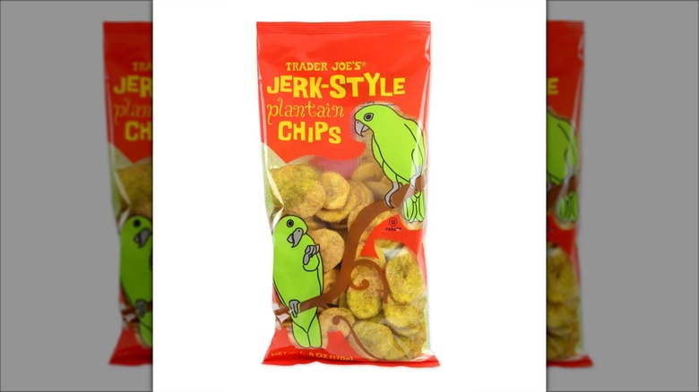Red bag of Trader Joe's Jerk-Style Plantain Chips with green parakeet bird illustrations