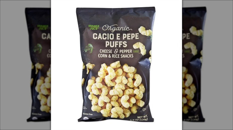 Black bag of Organic Cacio e Pepe Puffs from Trader Joe's