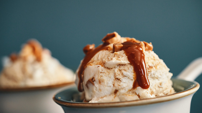 Bourbon barrel ice cream with caramel syrup