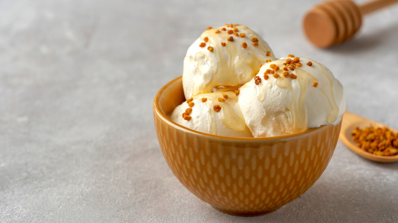 Camomile honey ice cream topped with honey and pollen