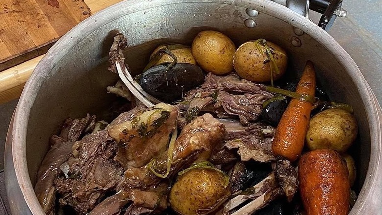 Freshly prepared Mongolian khorkhog inside of a pot