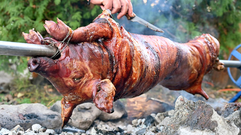 Someone barbecuing a whole hog outdoors