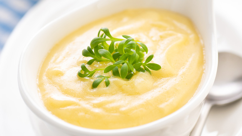 Hollandaise sauce in white jug with microgreen garnish