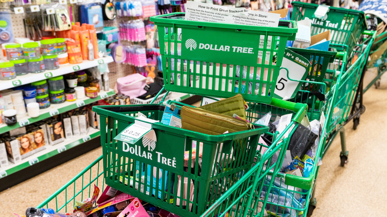 Dollar Tree baskets and carts piled up