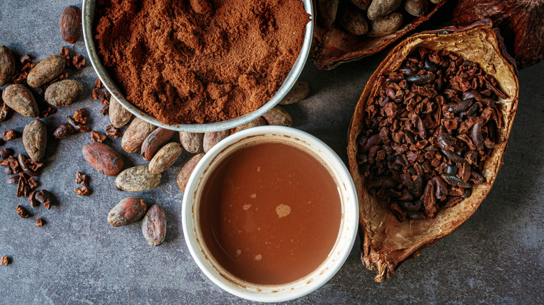 Hot chocolate surrounded by cocoa powder and other ingredients