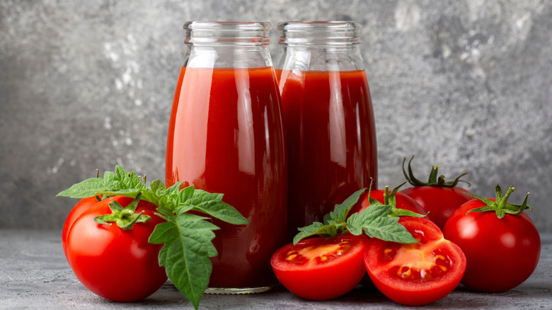 Freshly squeezed tomato juice or puree surrounded by tomatoes