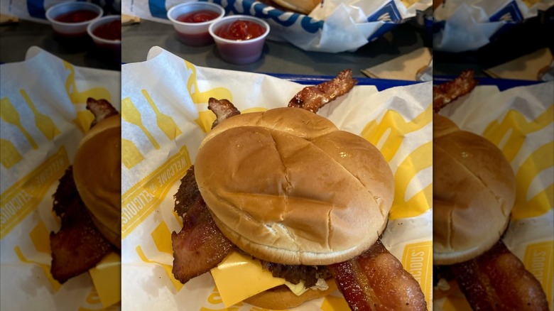 Culver's burger with bacon on plate