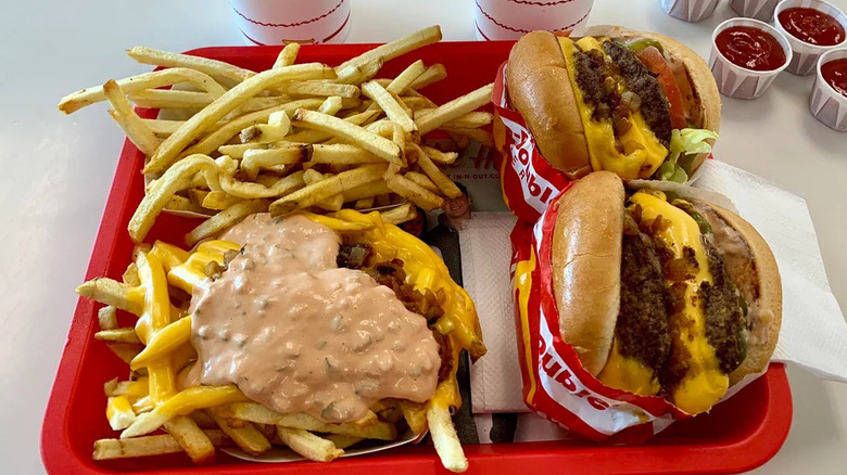 Two burgers and two orders of fries on an In-N-Out tray