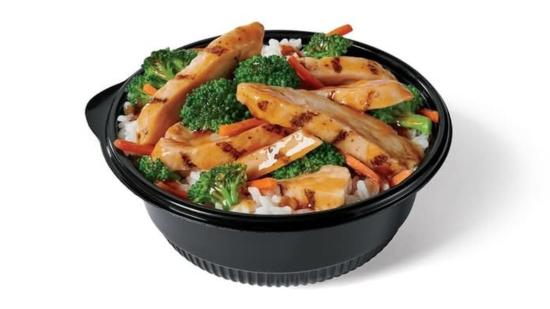 Chicken teriyaki bowl against white background