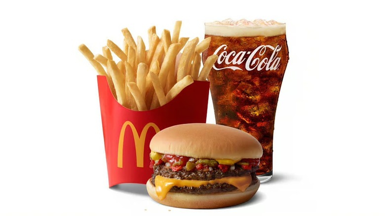 Green chile cheeseburger and McDonald's logo