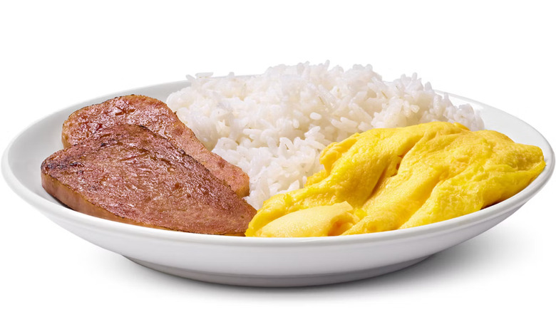 Spam eggs and rice against white background