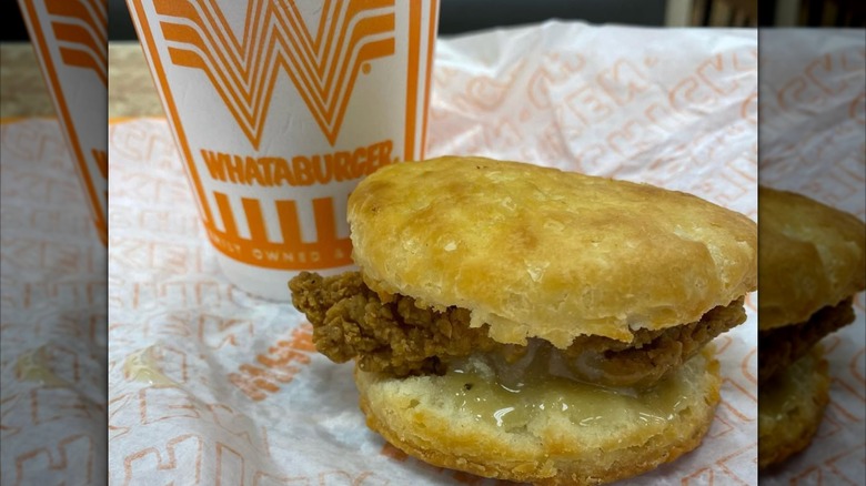 Chicken honey biscuit on Whataburger wrapper