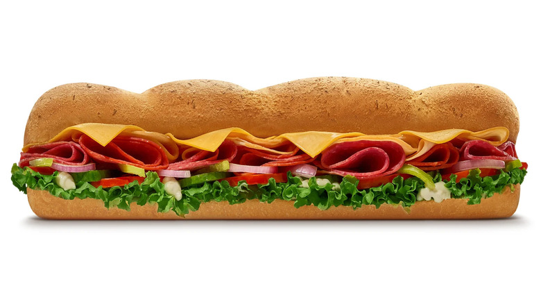 Subway Italian BMT sandwich against a white background