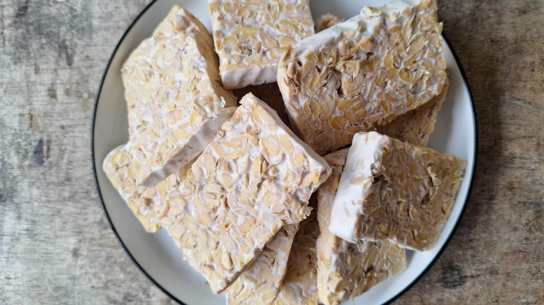 Tempeh slices on a plate
