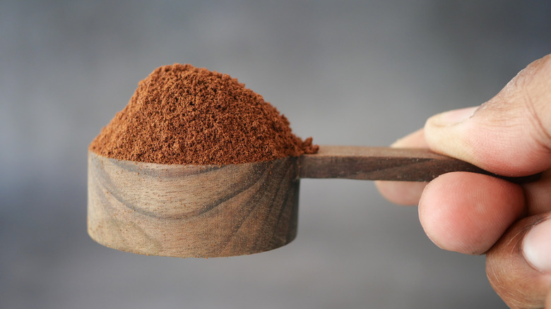 Hand holding wooden scoop filled with ground coffee
