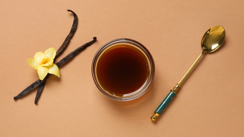 Vanilla extract in small glass bowl next to vanilla pods, flower, and spoon