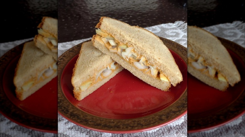 Mirrored image of Peanut butter and onion sandwich on red plate, mirrored image