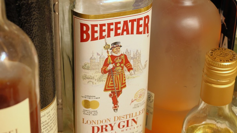 close up of different bottles with Beefeater gin in the middle