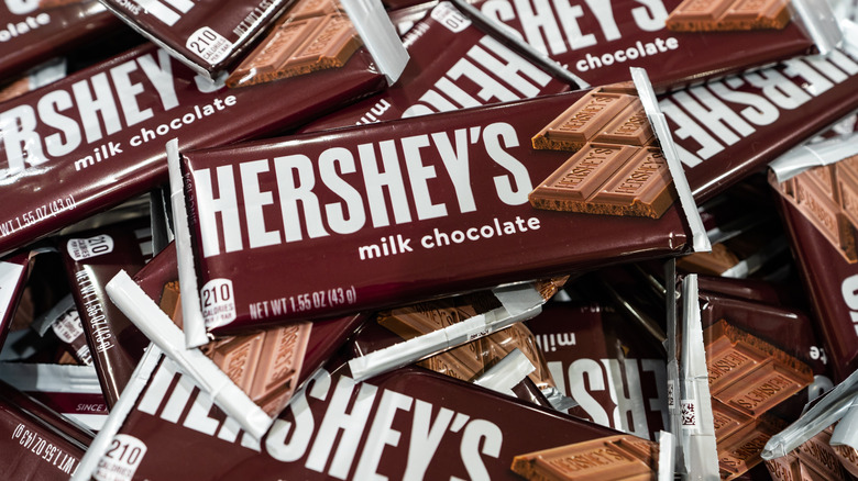 pile of Hershey's milk chocolate bars
