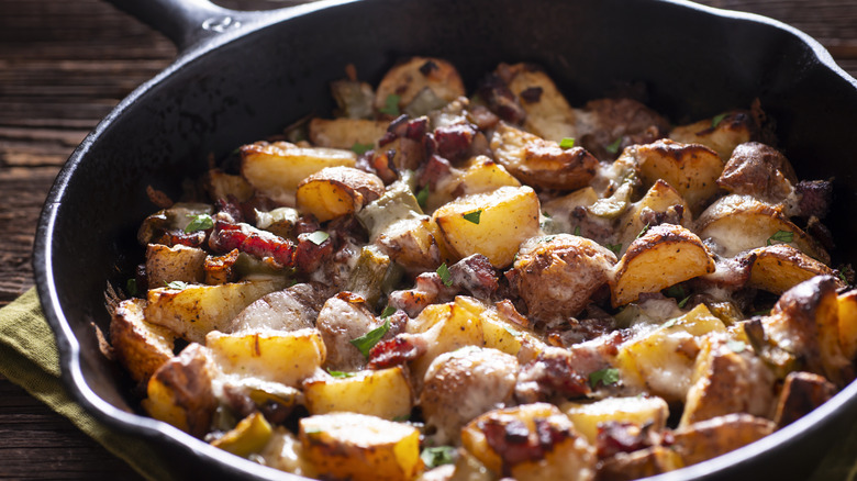 Close up of hash in a black skillet