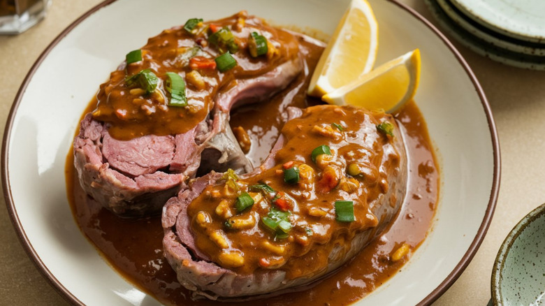 Kidneys in a sauce on a white plate with lemon