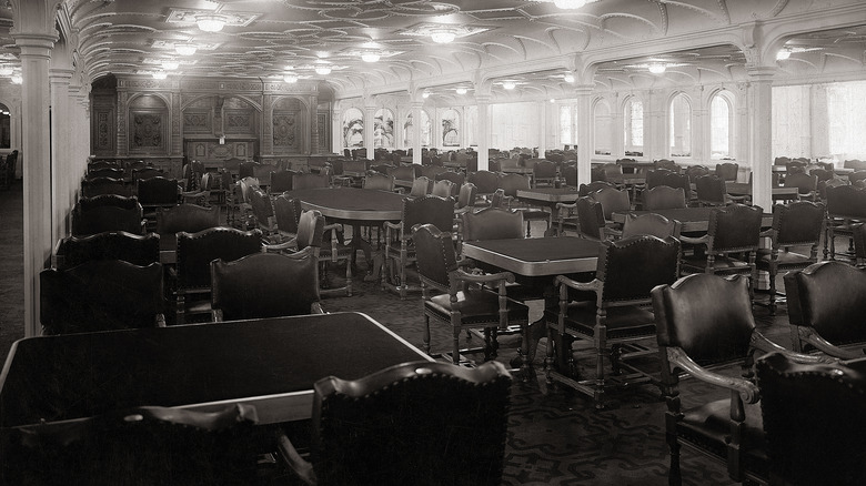 A black and white image of the main dining room from the Titanic