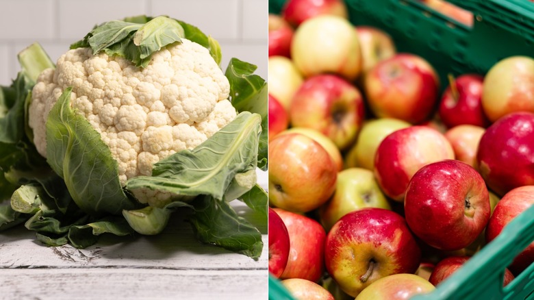 Close up of cauliflower on the left and apples on the right